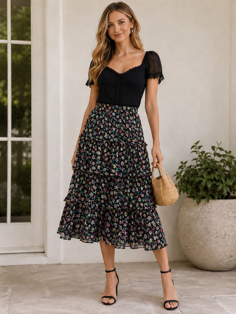 NWT ANN TAYLOR Black Floral Tiered Midi Skirt Size S Elastic Waist - Picture 1 of 5